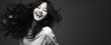Portrait of a beautiful young Asian woman smiling on a gray background, with long shiny wavy flying hair loose.の素材