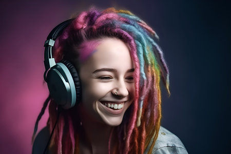Portrait of a beautiful young girl with multi-colored hair and headphones.の素材