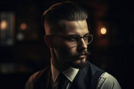 Portrait of a respectable guy in glasses with a mustache and beard, dressed in a business suit.の素材