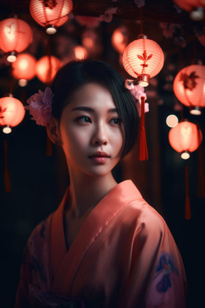 Girl in pink and with flowers in her hair kimono on the background of lanterns.の素材