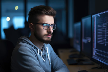 A guy in glasses and a gray jacket works in an office.の素材