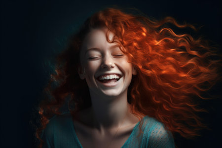 Happy red-haired girl laughing on black background.の素材