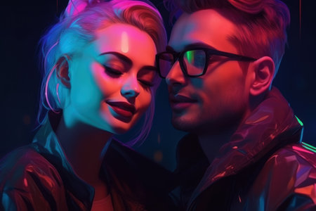 A blonde girl and a guy with glasses snuggle up to each other in neon pink-purple rays.の素材