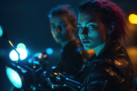 Two girls on a motorcycle against the background of a night city.の素材