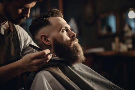 The barber is styling the guys beardの素材