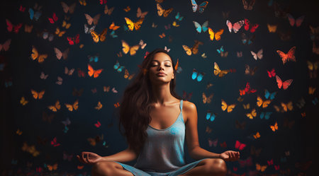 Brown-haired girl with long hair meditating on the background of butterflies.の素材