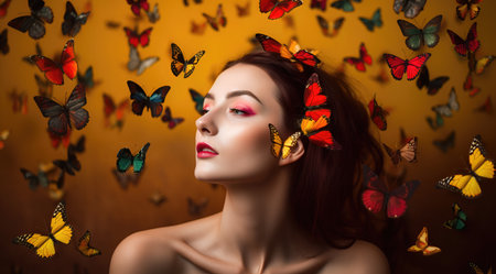 Thoughtful brown-haired girl in yellow clothes against the background of colorful butterflies.の素材