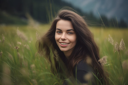 Happy little girl in meadow grasses on the background of mountains.の素材