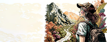 An illustration depicting a girl in a cap and a sryukzak walking along a road in the mountains.の素材