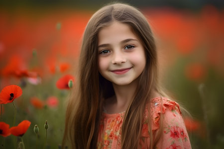Cute girl with long hair smiling in poppy field.の素材