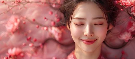 A beautiful Asian girl with her eyes closed against a background of cherry blossoms.の素材