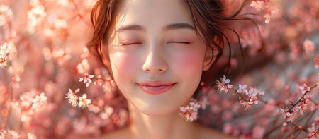 A beautiful Asian girl with her eyes closed against a background of cherry blossoms.の素材