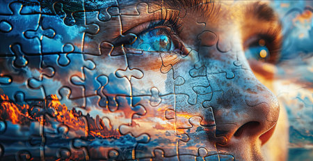 Double exposure of a beautiful face made of puzzle pieces against a sunset background. The concept of World Autism Awareness Day.の素材