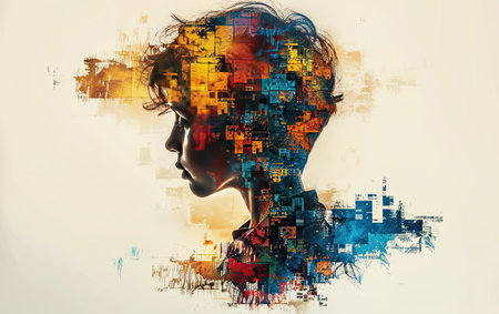 Portrait of a child with double exposure combined with a digital image of the city. The concept of World Autism Awareness Day.の素材