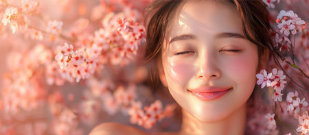 A beautiful Asian girl with her eyes closed against a background of cherry blossoms.の素材