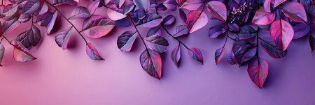Beautiful pink and purple leaves on a purple background. Banner with place for text.の素材