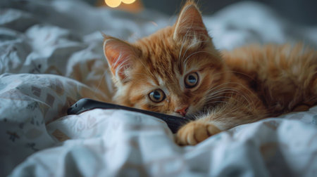 An adorable orange cat snuggled in soft bedding, exuding warmth and comfort. Perfect image for themes of relaxation, pets, and home cozinessの素材