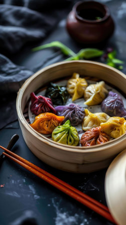 A vibrant selection of colorful dumplings arranged in a rustic bowl. Each dumpling features a distinct hue, showcasing culinary creativity and diversity, set on a textured wooden table.の素材