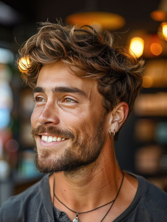 Portrait of a young man with tousled hair and a confident expression. The urban background adds a modern, trendy atmosphere to the image, highlighting the subject's distinct style and confidence.の素材