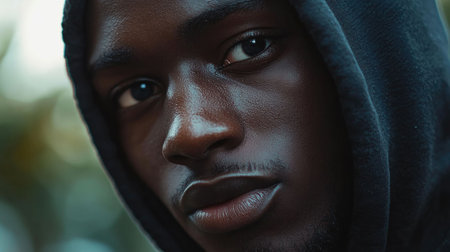 A young man wears a black hoodie, gazing intently at the camera. His serious expression contrasts with the soft, blurred outdoor background, highlighting his features.の素材