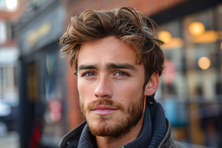 Portrait of a stylish young man with a beard and wavy hair standing outdoors. The urban backdrop adds to the modern and fashionable look, conveying confidence and casual charm.の素材