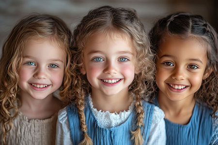 Three girls with joyful expressions pose closely together, showing their unique hairstyles and bright blue and brown eyes while enjoying a cheerful moment indoors.の素材