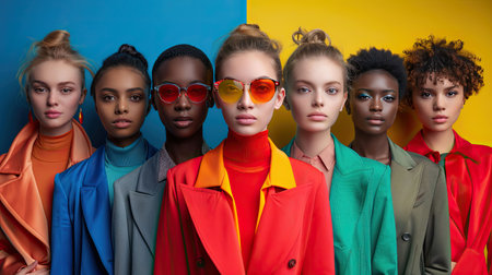 A group of diverse models showcase an array of fashion styles, wearing bright coats in various colors. The backdrop features a bold yellow and blue split, enhancing their unique looks.の素材