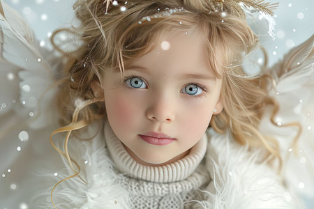 A young girl with captivating blue eyes and blonde curls wears a cozy sweater and angel wings. She is surrounded by gentle snowflakes, creating a magical winter settingの素材