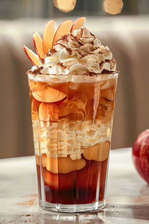 Brightly lit cocktail showcases a rich reddish-pink hue, crowned with delicate apple slices and whipped cream. The ribbed glass enhances the beverage's captivating presentation.の素材
