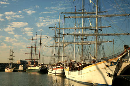 Two, three masted yachts moored in the marina, Lelystad, Netherlands.の写真素材