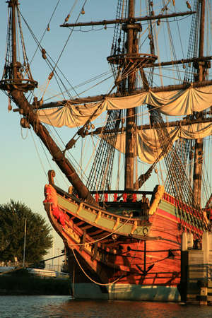 Batavia – historic galleon from Netherlands by sunset. Old ship. Lelystad, Flevoland.