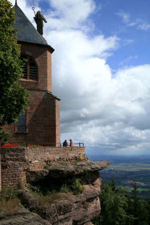 View on Alsace Valley from peak Mountain Vosges. Mont Sainte-Odile Abbey in Alsace, France.  Vosges Mountains.の写真素材