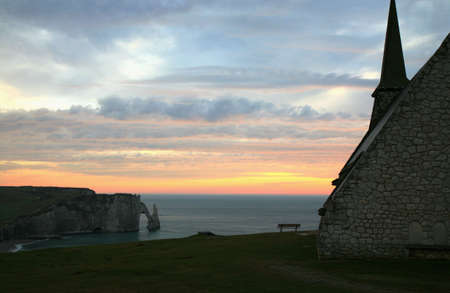 Famous cliffs in Etretat which Impressionists painted, including Monet. Small tourist town in Normandie, France の写真素材