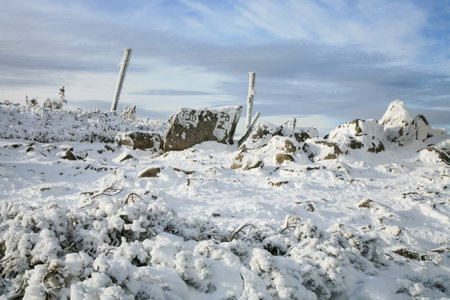 Giant Mountains, Karkonosze Mountains with Slonecznik peak. Famous mountains ranger in Poland and Czechia. Winter landscape on red trial. Poland, Europe.の写真素材