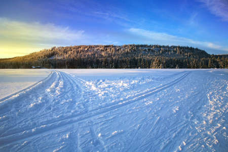 Cross country skiing. A magical start to a new day  in the meadows of the Stolowe Mountains National...