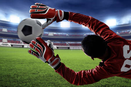 Soccer goalkeeper catches the ballの写真素材