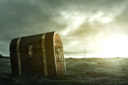 Wooden treasure chest on dark background