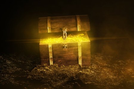 Wooden treasure chest on dark backgroundの写真素材
