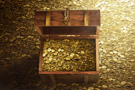 Wooden treasure chest on dark backgroundの写真素材