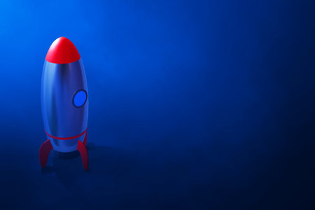 Rocket 3d illustration on blue backgroundの写真素材