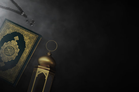 Lantern with holy book and rosary beads 3d illustrationの写真素材