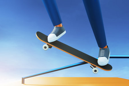 Young skateboarder grind trick on rail 3d illustrationの写真素材