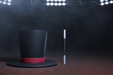 Top hat magic wand on stage 3d illustrationの写真素材