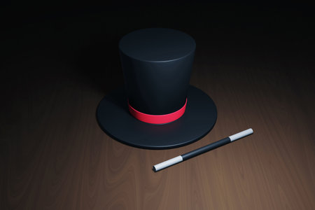 Top hat magic wand on stage 3d illustrationの写真素材
