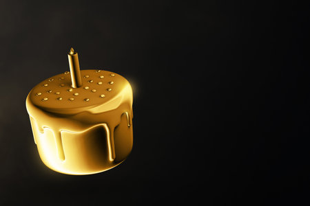 Golden birthday cake on dark background 3d illustration