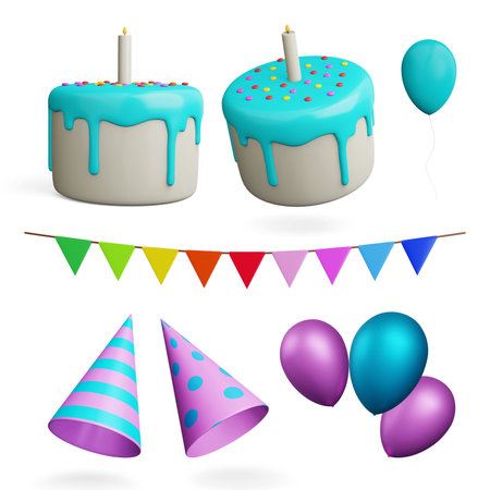 Set of kids birthday party collection isolated on white background 3d illustrationの写真素材