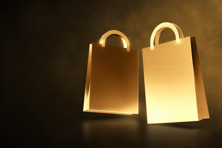 Golden shopping bag on dark background 3d illustrationの写真素材