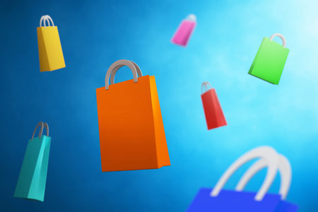 Flying shopping bag on 3d illustrationの写真素材