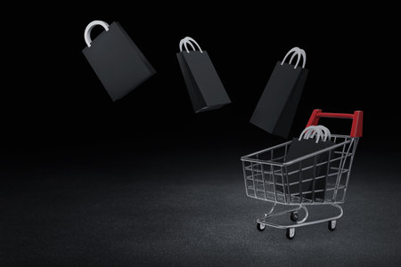 Metal shopping cart on dark background, black friday concept 3d illustrationの写真素材
