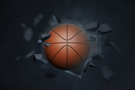 Basketball hit break hole in the wall 3d illustrationの写真素材